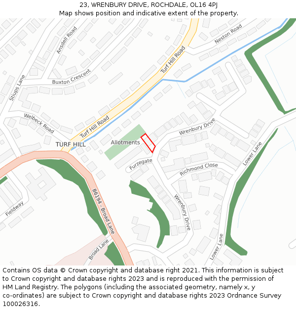 23, WRENBURY DRIVE, ROCHDALE, OL16 4PJ: Location map and indicative extent of plot