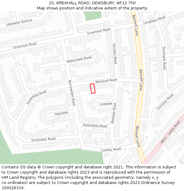 23, WREXHALL ROAD, DEWSBURY, WF12 7NY: Location map and indicative extent of plot