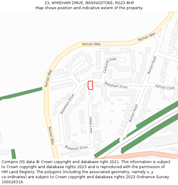 23, WYKEHAM DRIVE, BASINGSTOKE, RG23 8HP: Location map and indicative extent of plot