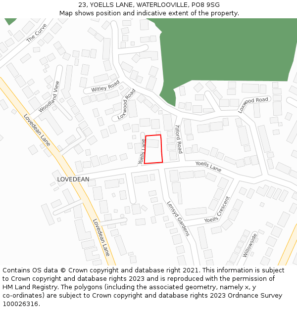 23, YOELLS LANE, WATERLOOVILLE, PO8 9SG: Location map and indicative extent of plot