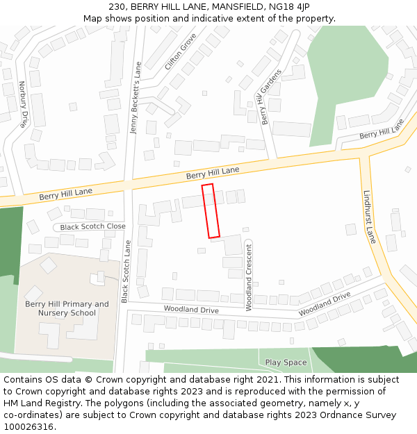 230, BERRY HILL LANE, MANSFIELD, NG18 4JP: Location map and indicative extent of plot