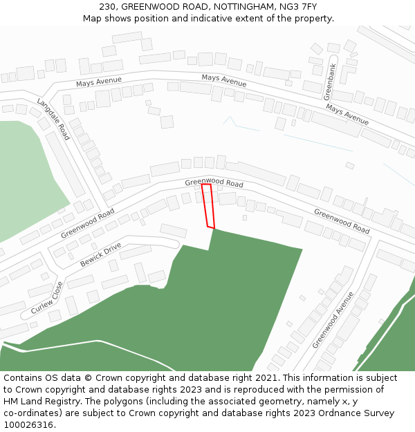 230, GREENWOOD ROAD, NOTTINGHAM, NG3 7FY: Location map and indicative extent of plot