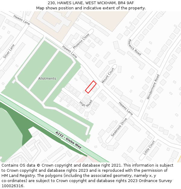 230, HAWES LANE, WEST WICKHAM, BR4 9AF: Location map and indicative extent of plot