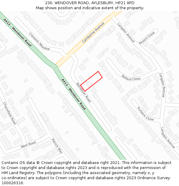 230, WENDOVER ROAD, AYLESBURY, HP21 9PD: Location map and indicative extent of plot