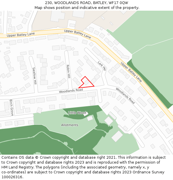 230, WOODLANDS ROAD, BATLEY, WF17 0QW: Location map and indicative extent of plot