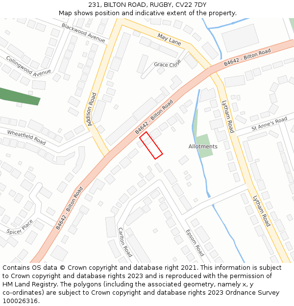 231, BILTON ROAD, RUGBY, CV22 7DY: Location map and indicative extent of plot