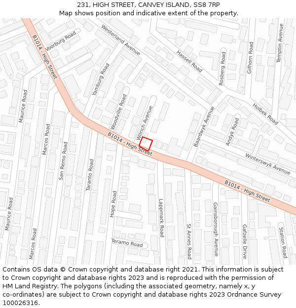 231, HIGH STREET, CANVEY ISLAND, SS8 7RP: Location map and indicative extent of plot