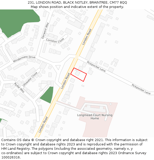 231, LONDON ROAD, BLACK NOTLEY, BRAINTREE, CM77 8QQ: Location map and indicative extent of plot