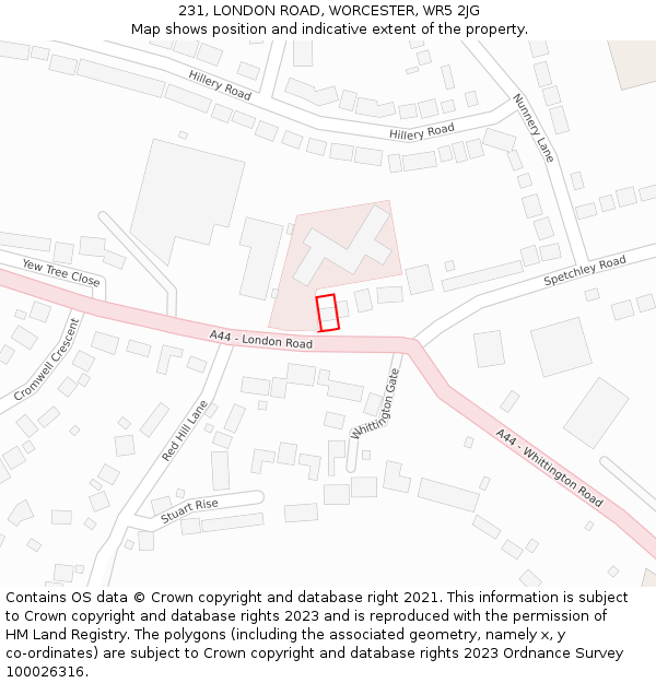 231, LONDON ROAD, WORCESTER, WR5 2JG: Location map and indicative extent of plot
