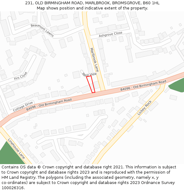 231, OLD BIRMINGHAM ROAD, MARLBROOK, BROMSGROVE, B60 1HL: Location map and indicative extent of plot