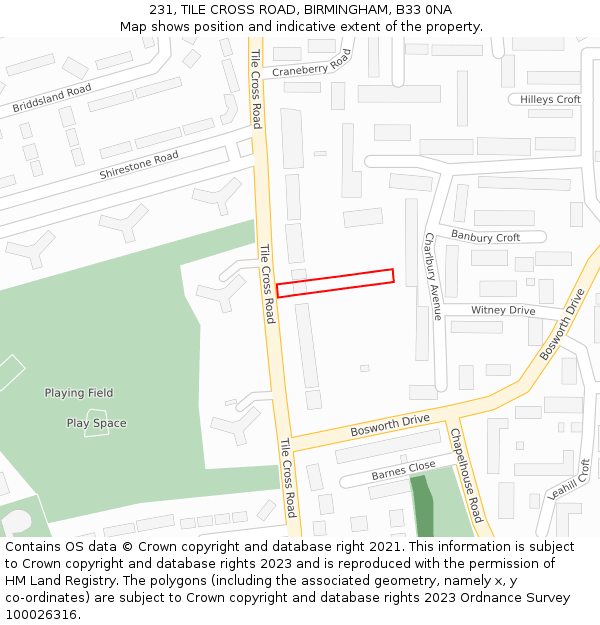 231, TILE CROSS ROAD, BIRMINGHAM, B33 0NA: Location map and indicative extent of plot