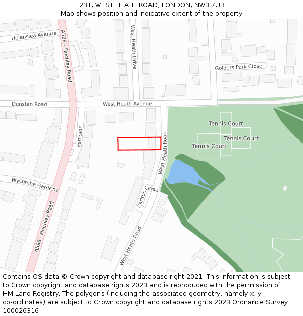 231, WEST HEATH ROAD, LONDON, NW3 7UB: Location map and indicative extent of plot