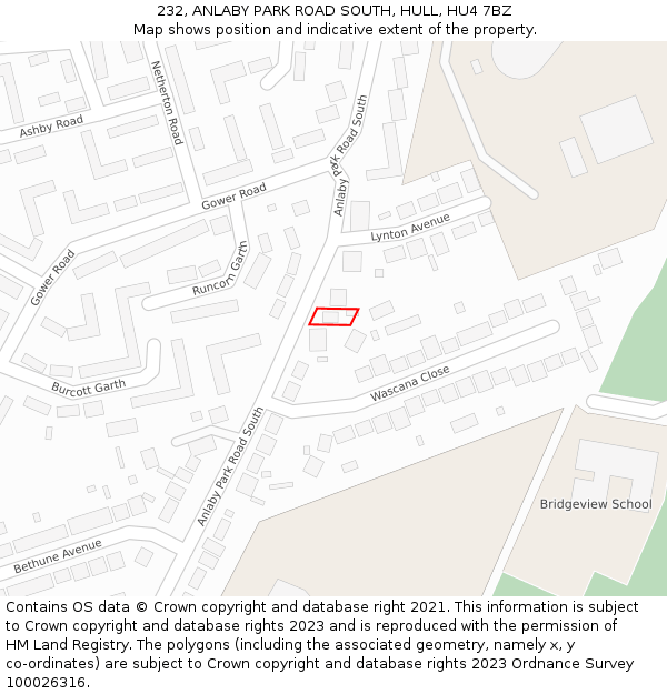 232, ANLABY PARK ROAD SOUTH, HULL, HU4 7BZ: Location map and indicative extent of plot