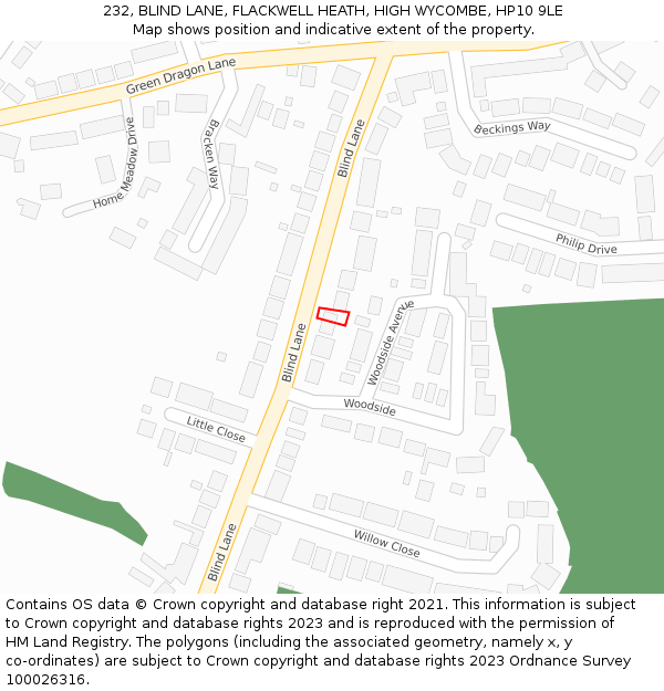 232, BLIND LANE, FLACKWELL HEATH, HIGH WYCOMBE, HP10 9LE: Location map and indicative extent of plot