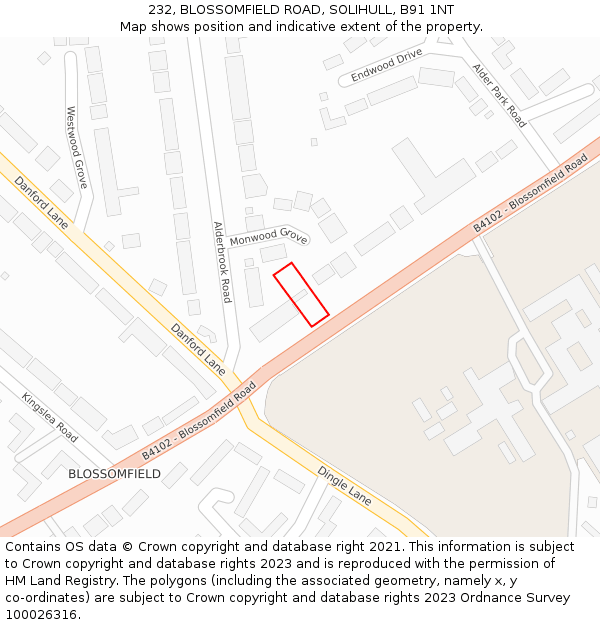 232, BLOSSOMFIELD ROAD, SOLIHULL, B91 1NT: Location map and indicative extent of plot
