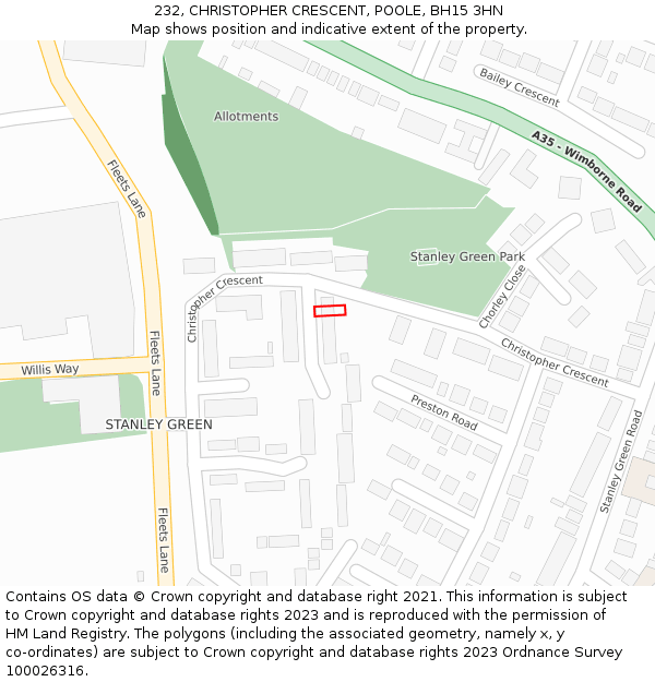 232, CHRISTOPHER CRESCENT, POOLE, BH15 3HN: Location map and indicative extent of plot