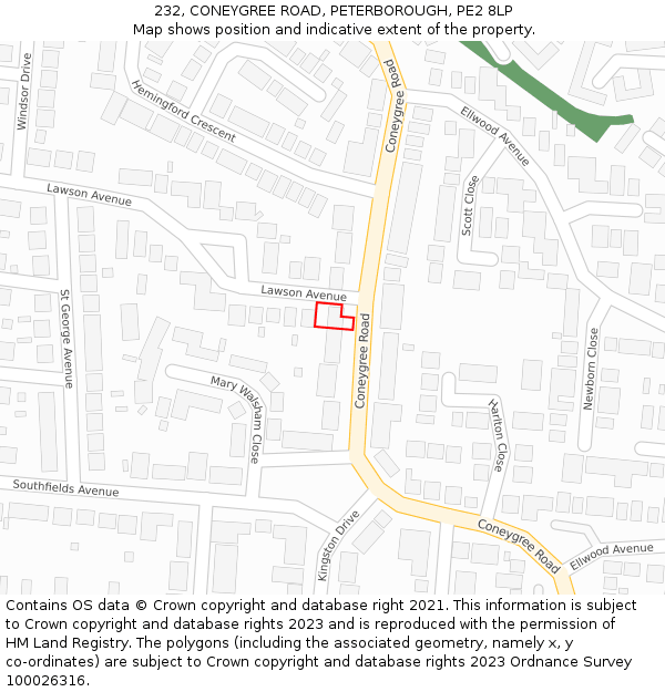 232, CONEYGREE ROAD, PETERBOROUGH, PE2 8LP: Location map and indicative extent of plot