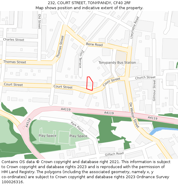 232, COURT STREET, TONYPANDY, CF40 2RF: Location map and indicative extent of plot