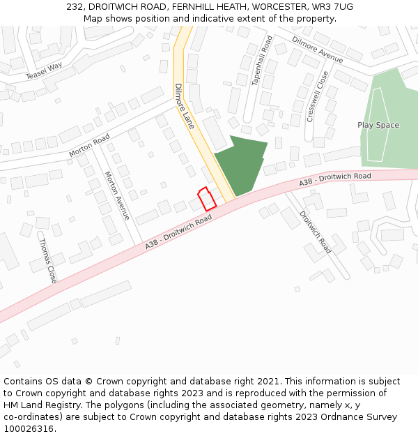 232, DROITWICH ROAD, FERNHILL HEATH, WORCESTER, WR3 7UG: Location map and indicative extent of plot