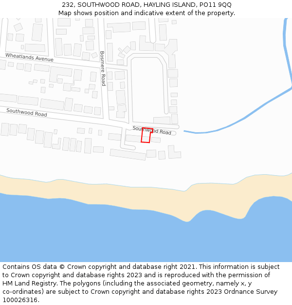 232, SOUTHWOOD ROAD, HAYLING ISLAND, PO11 9QQ: Location map and indicative extent of plot