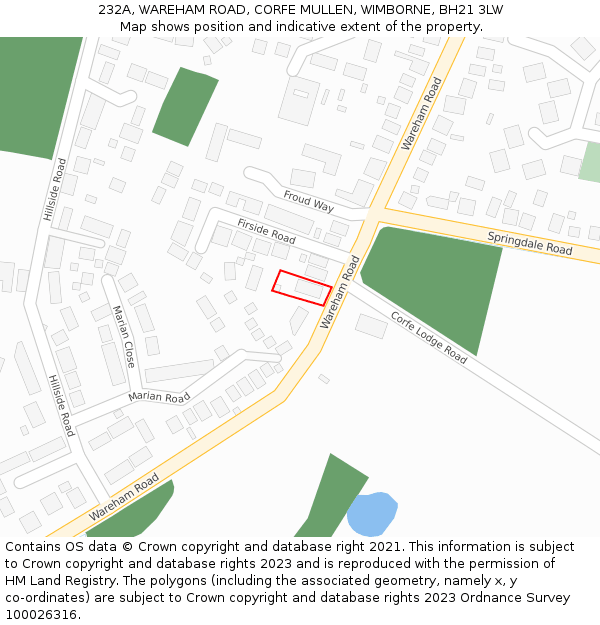 232A, WAREHAM ROAD, CORFE MULLEN, WIMBORNE, BH21 3LW: Location map and indicative extent of plot