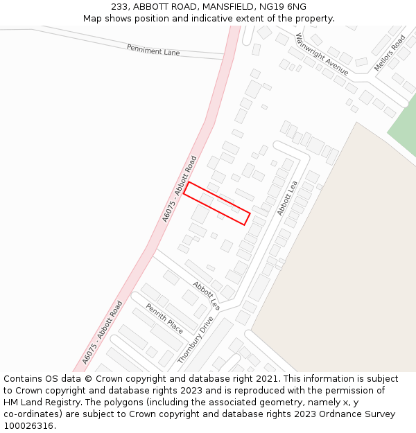 233, ABBOTT ROAD, MANSFIELD, NG19 6NG: Location map and indicative extent of plot