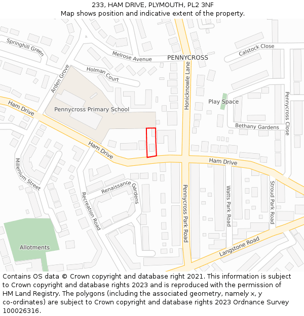 233, HAM DRIVE, PLYMOUTH, PL2 3NF: Location map and indicative extent of plot