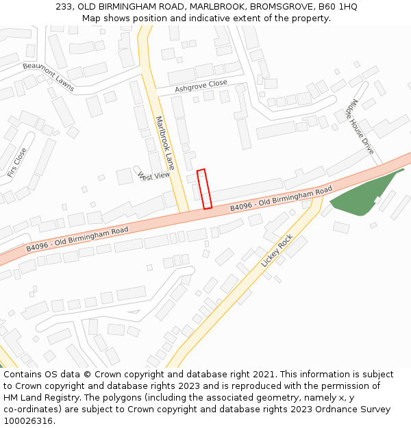 233, OLD BIRMINGHAM ROAD, MARLBROOK, BROMSGROVE, B60 1HQ: Location map and indicative extent of plot