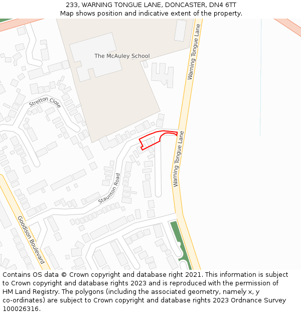 233, WARNING TONGUE LANE, DONCASTER, DN4 6TT: Location map and indicative extent of plot