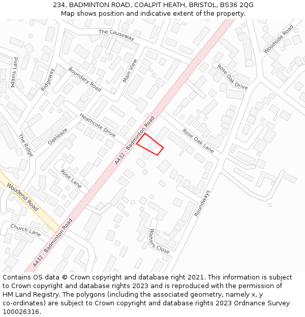 234, BADMINTON ROAD, COALPIT HEATH, BRISTOL, BS36 2QG: Location map and indicative extent of plot