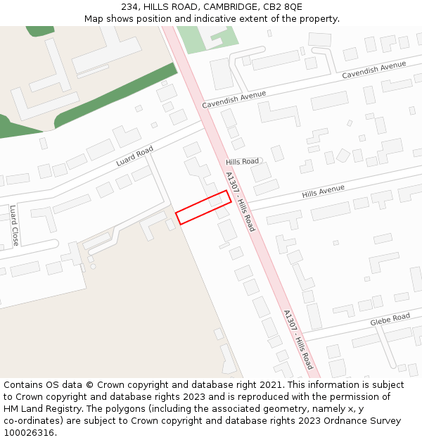 234, HILLS ROAD, CAMBRIDGE, CB2 8QE: Location map and indicative extent of plot