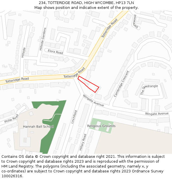 234, TOTTERIDGE ROAD, HIGH WYCOMBE, HP13 7LN: Location map and indicative extent of plot