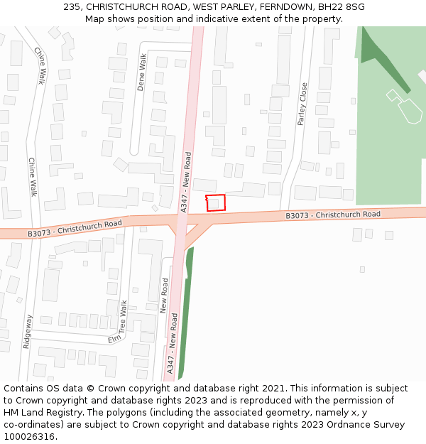 235, CHRISTCHURCH ROAD, WEST PARLEY, FERNDOWN, BH22 8SG: Location map and indicative extent of plot
