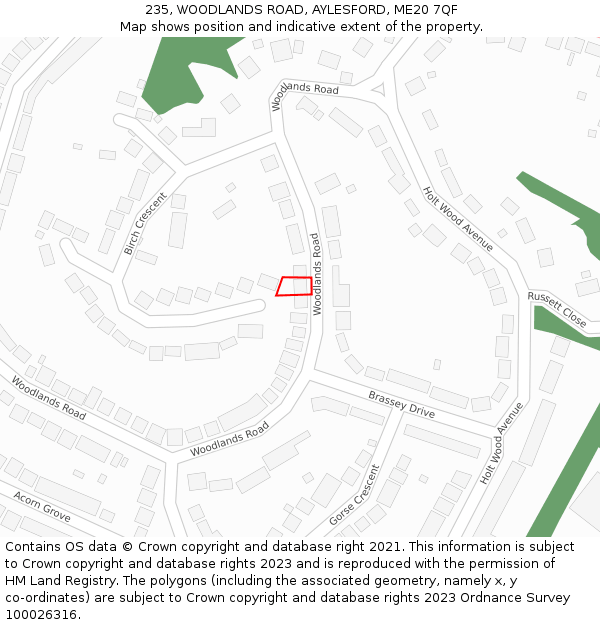 235, WOODLANDS ROAD, AYLESFORD, ME20 7QF: Location map and indicative extent of plot