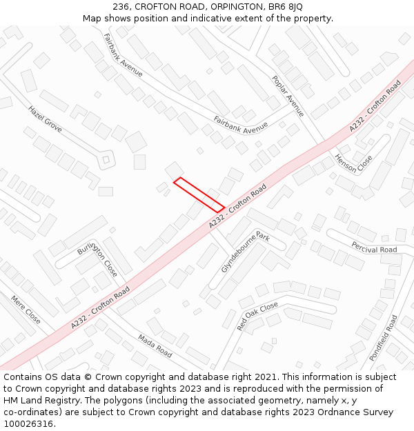 236, CROFTON ROAD, ORPINGTON, BR6 8JQ: Location map and indicative extent of plot