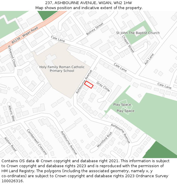 237, ASHBOURNE AVENUE, WIGAN, WN2 1HW: Location map and indicative extent of plot