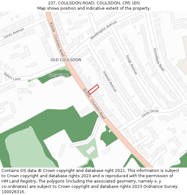 237, COULSDON ROAD, COULSDON, CR5 1EN: Location map and indicative extent of plot