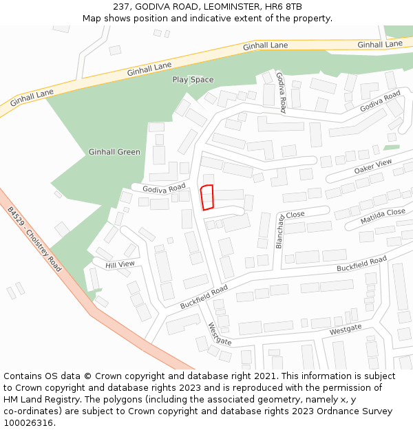 237, GODIVA ROAD, LEOMINSTER, HR6 8TB: Location map and indicative extent of plot