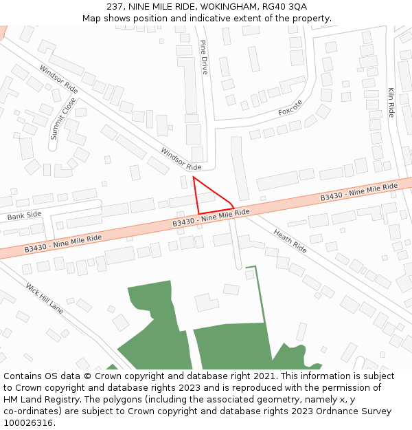 237, NINE MILE RIDE, WOKINGHAM, RG40 3QA: Location map and indicative extent of plot