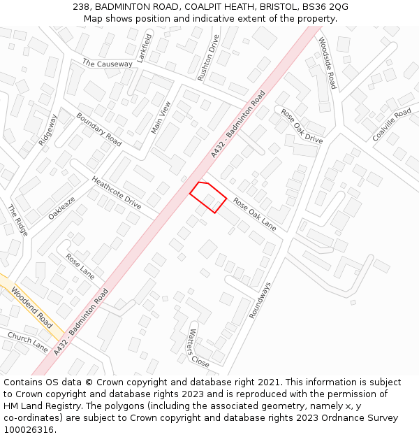 238, BADMINTON ROAD, COALPIT HEATH, BRISTOL, BS36 2QG: Location map and indicative extent of plot