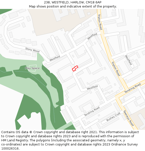 238, WESTFIELD, HARLOW, CM18 6AP: Location map and indicative extent of plot