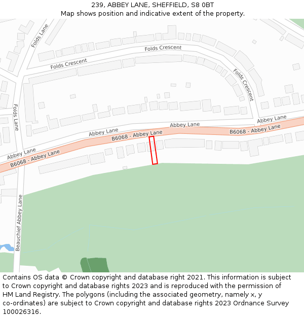 239, ABBEY LANE, SHEFFIELD, S8 0BT: Location map and indicative extent of plot