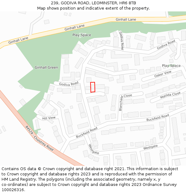 239, GODIVA ROAD, LEOMINSTER, HR6 8TB: Location map and indicative extent of plot