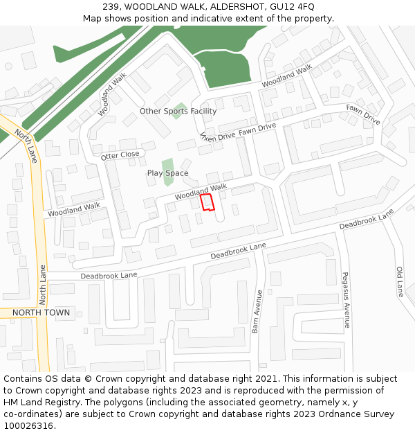 239, WOODLAND WALK, ALDERSHOT, GU12 4FQ: Location map and indicative extent of plot