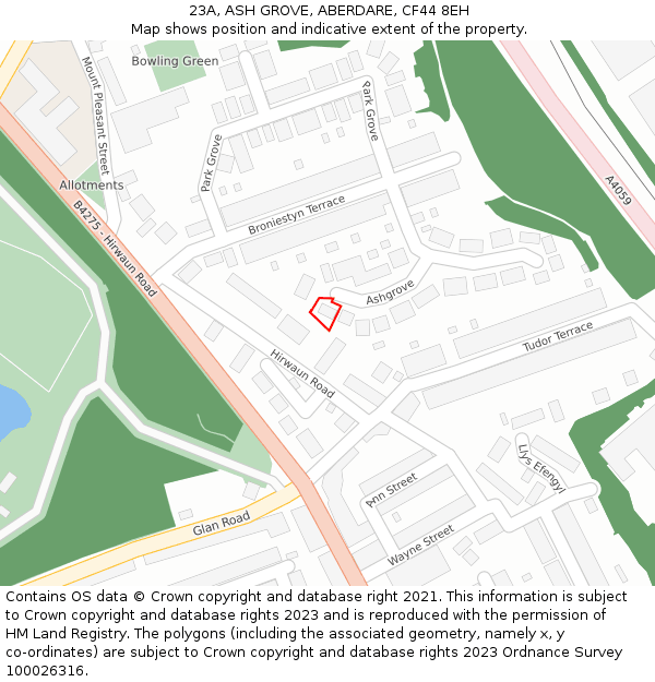 23A, ASH GROVE, ABERDARE, CF44 8EH: Location map and indicative extent of plot