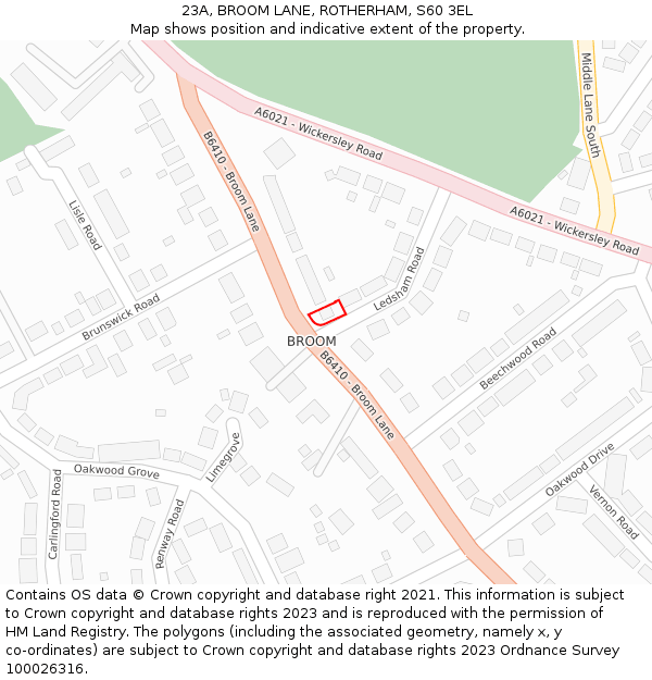 23A, BROOM LANE, ROTHERHAM, S60 3EL: Location map and indicative extent of plot