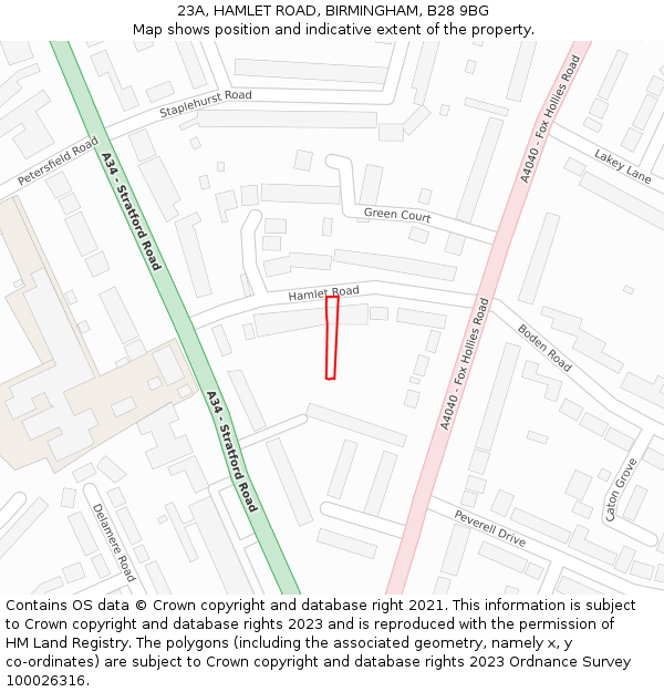 23A, HAMLET ROAD, BIRMINGHAM, B28 9BG: Location map and indicative extent of plot