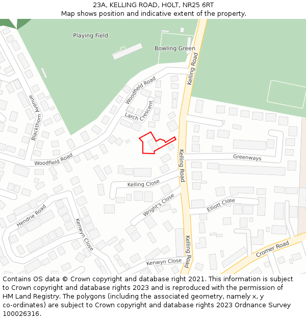 23A, KELLING ROAD, HOLT, NR25 6RT: Location map and indicative extent of plot