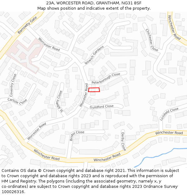 23A, WORCESTER ROAD, GRANTHAM, NG31 8SF: Location map and indicative extent of plot