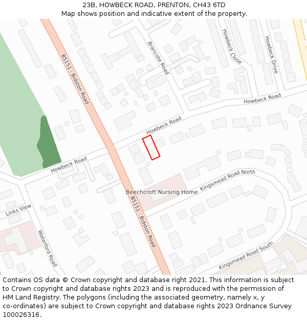 23B, HOWBECK ROAD, PRENTON, CH43 6TD: Location map and indicative extent of plot